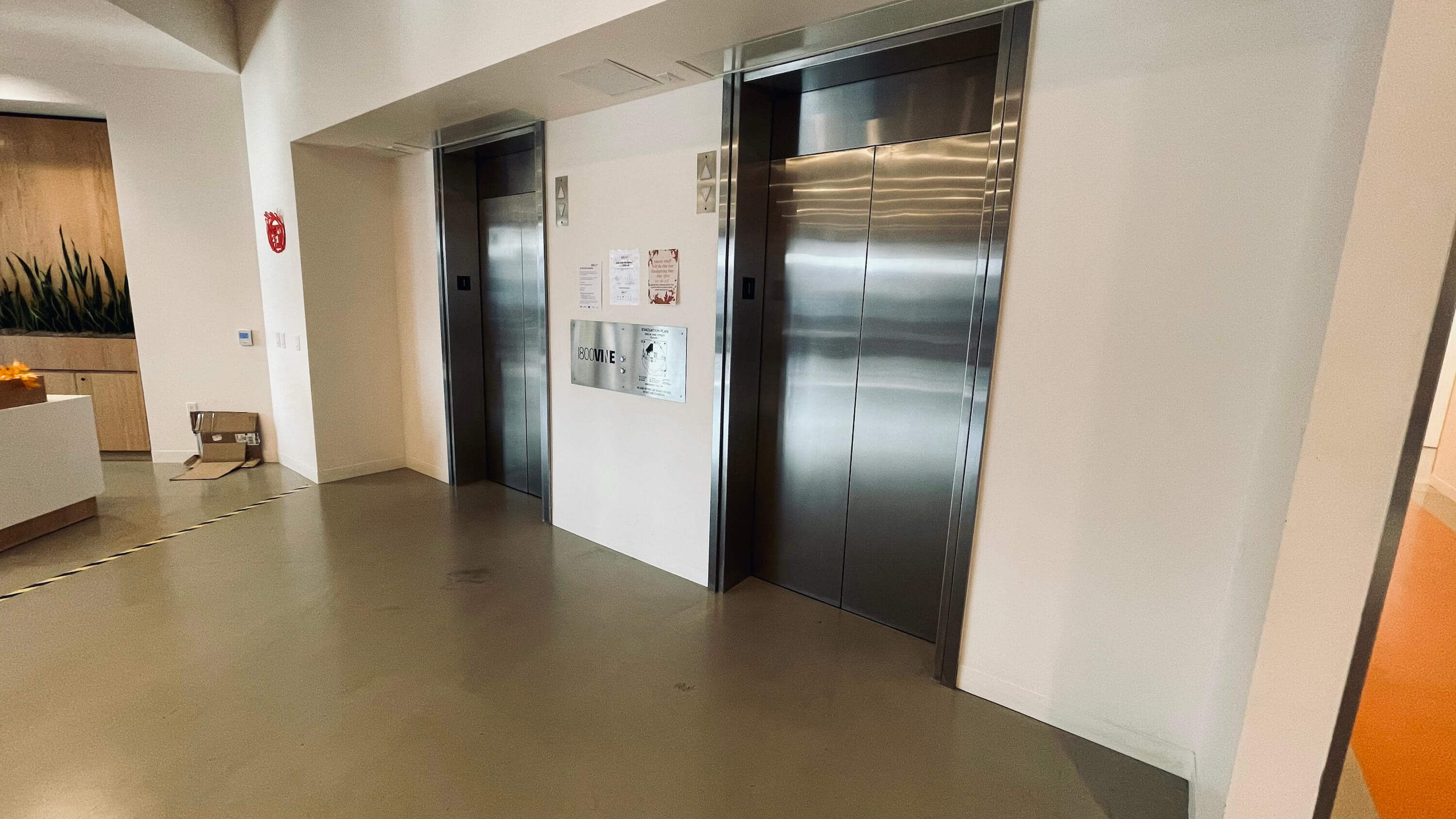 Elevator lobby on the Main Floor at 1800 Vine St