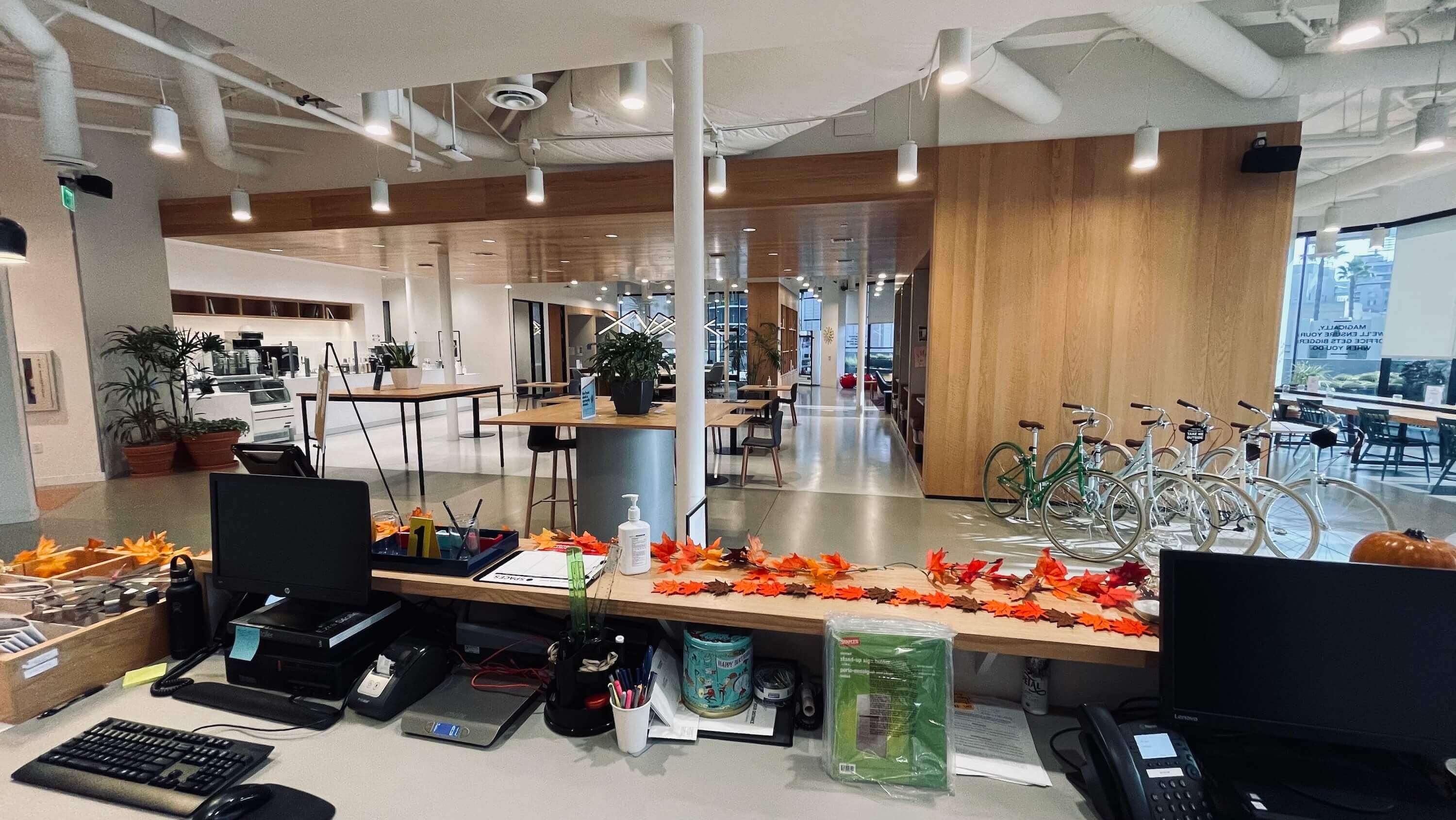 Reception area on the Main Floor at 1800 Vine St with loaner bicycles along the wall
