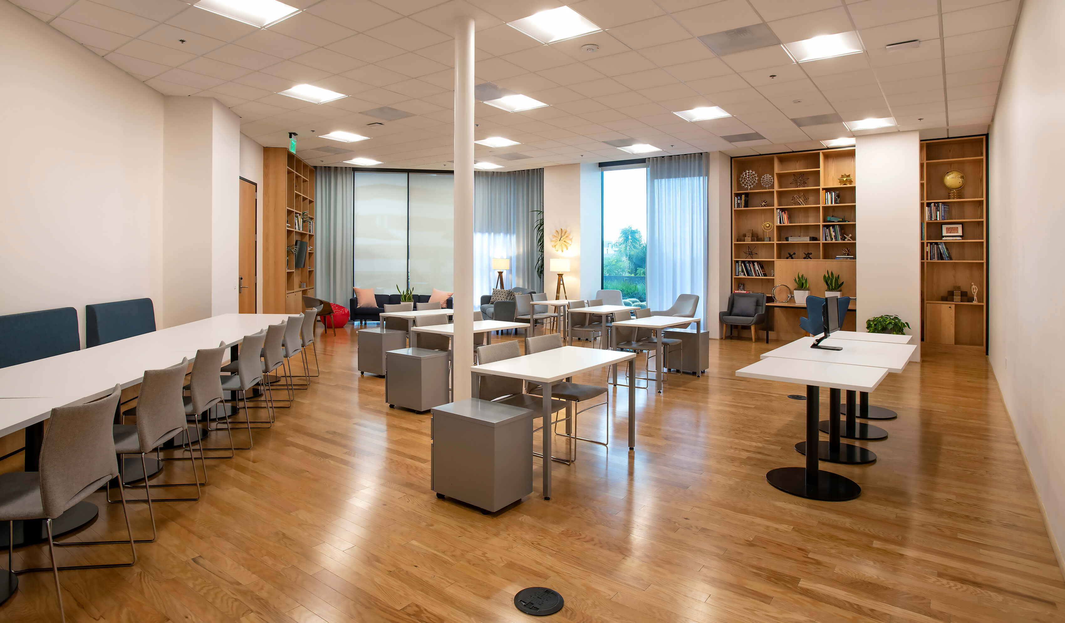 Wide view of the Meeting Hall at 1800 Vine St showing the full open-plan layout