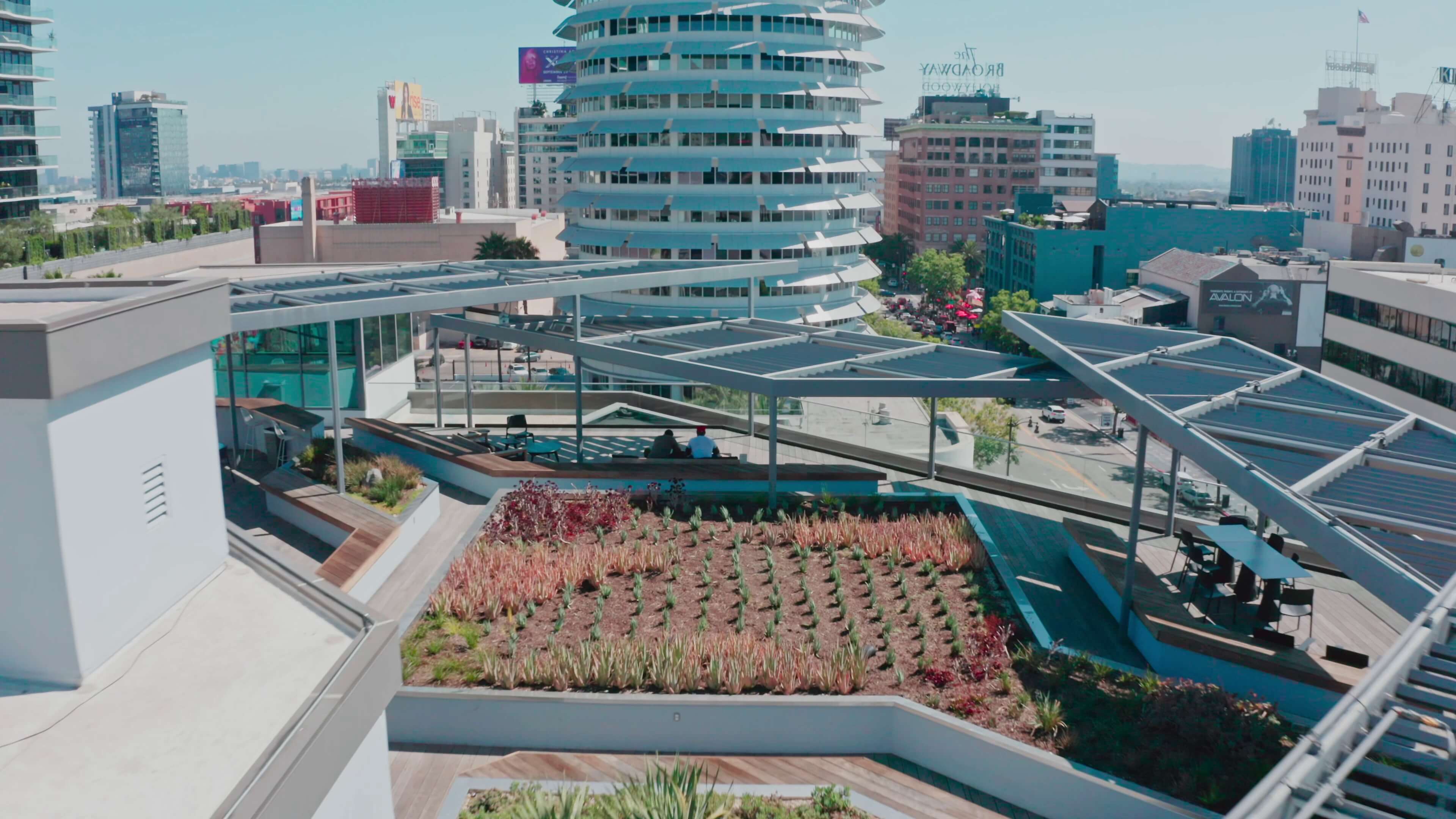 Terrace seating with direct views of Capitol Records Tower from 1800 Vine St rooftop
