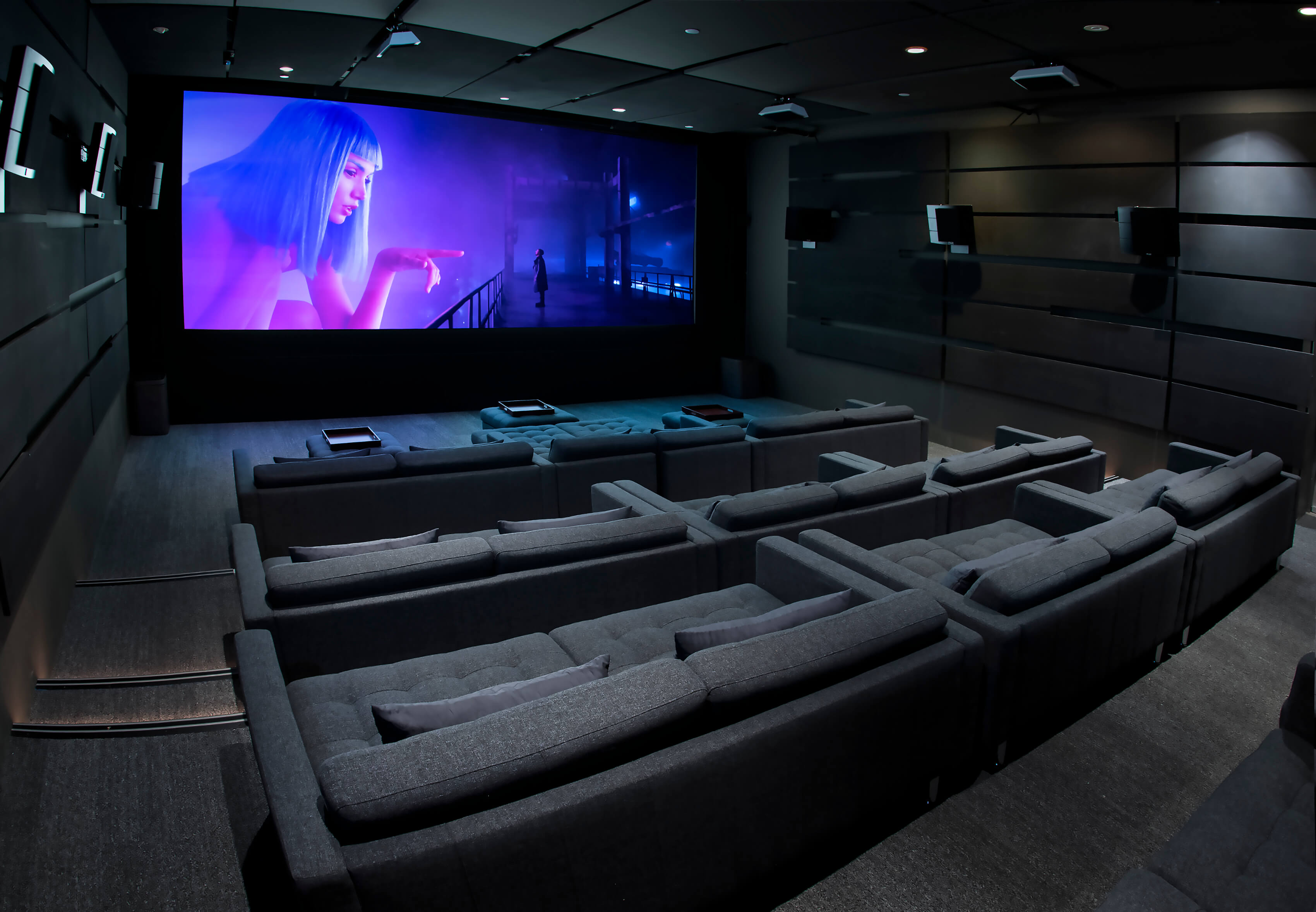 Corner view of the screening room and cinema screen at 1800 Vine St