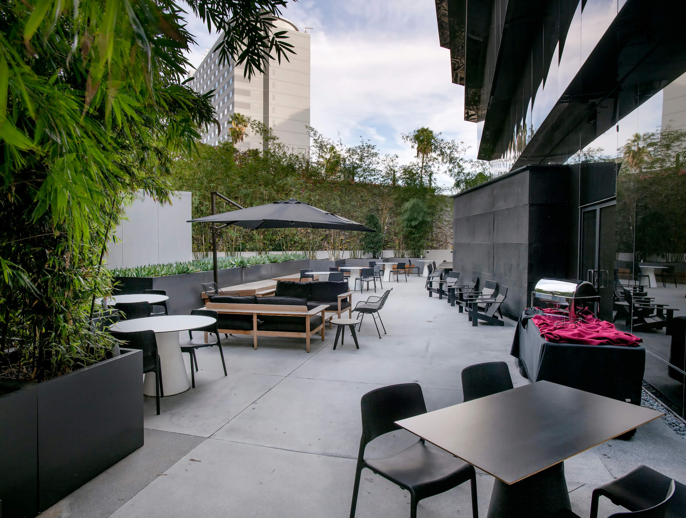 Vine St. Patio event-ready setup with catering station at 1800 Vine St