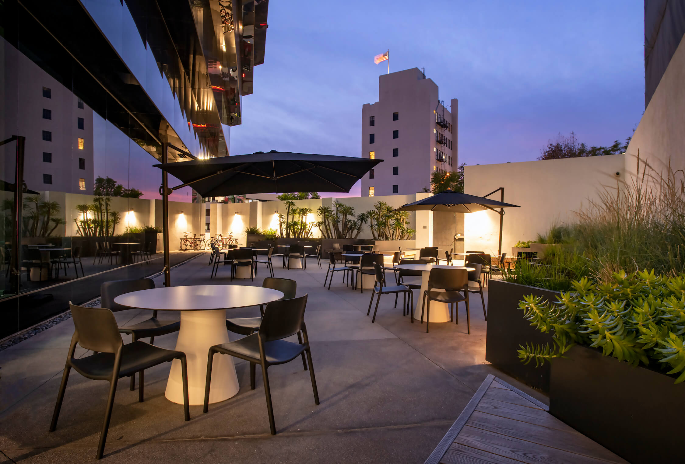 Vine St. Patio at 1800 Vine St at dusk with warm uplighting and lounge seating