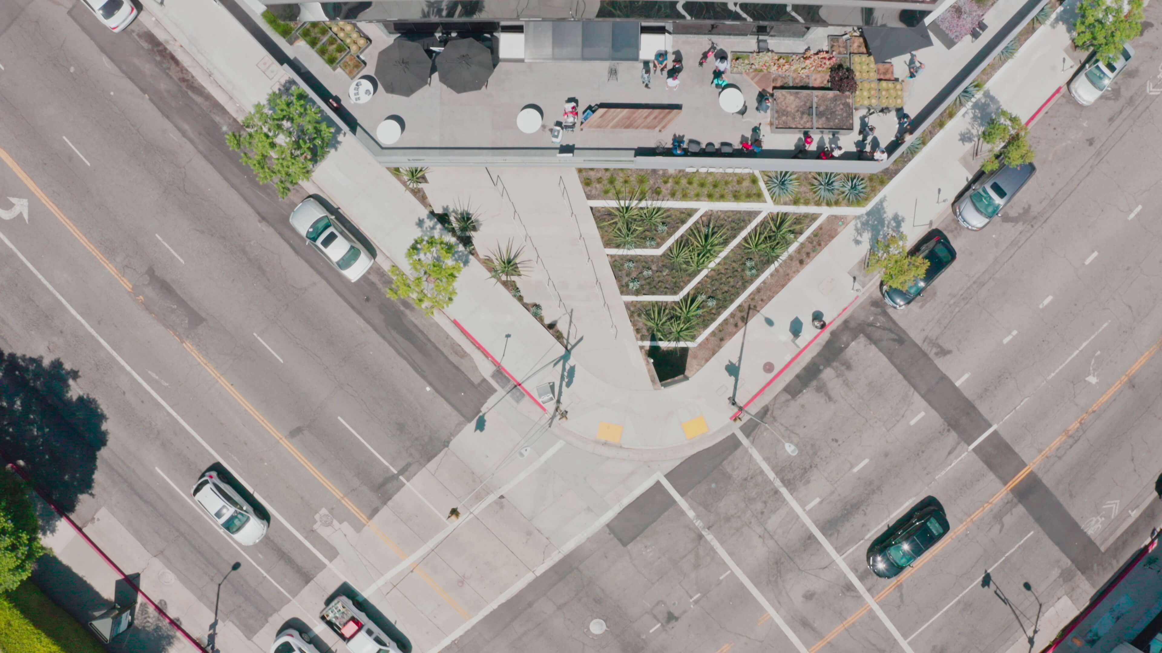 Aerial view of the Yucca St. Patio with guests during an event at 1800 Vine St