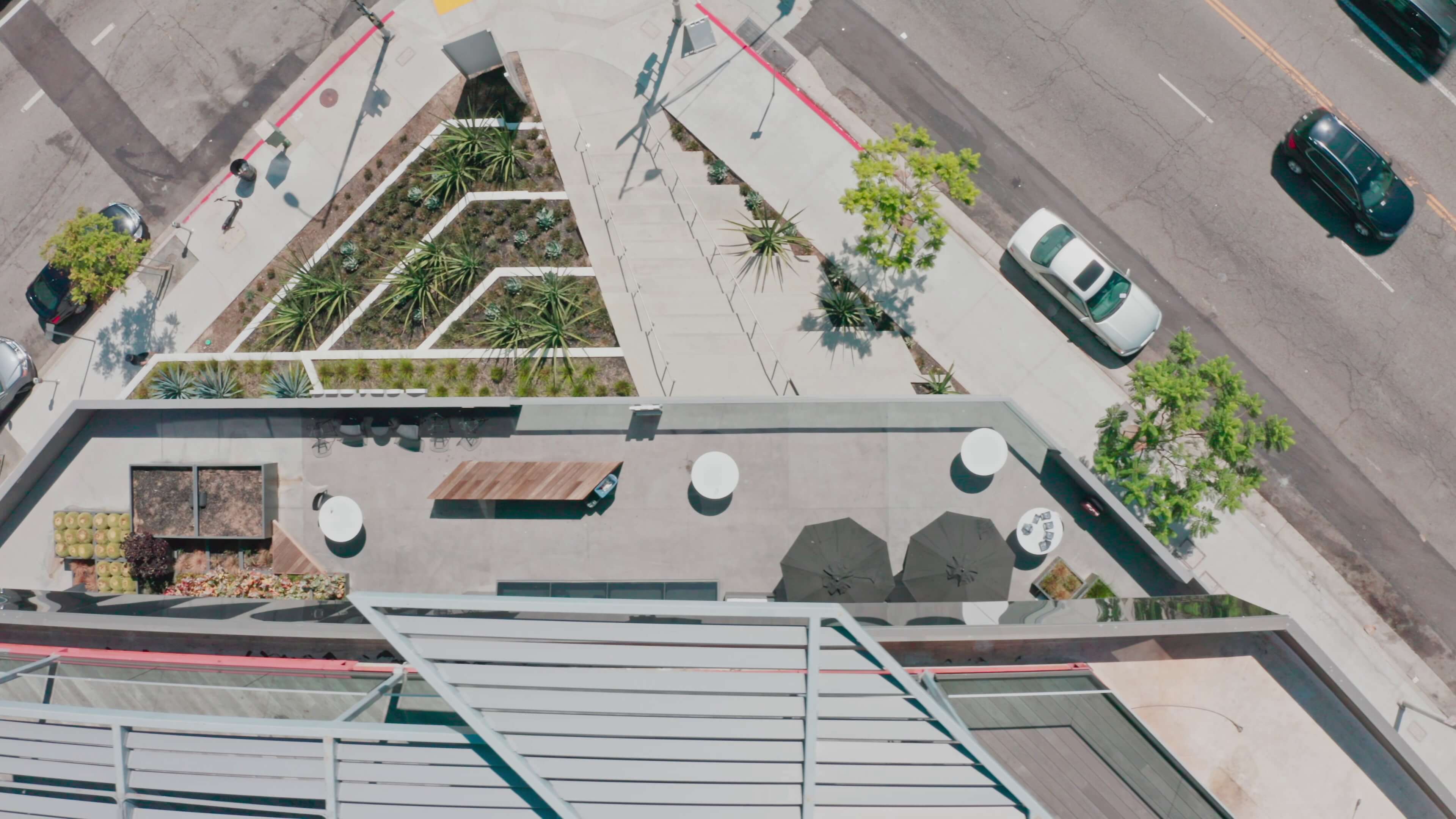 Aerial view of the street-level desert garden at the corner of Vine and Yucca at 1800 Vine St