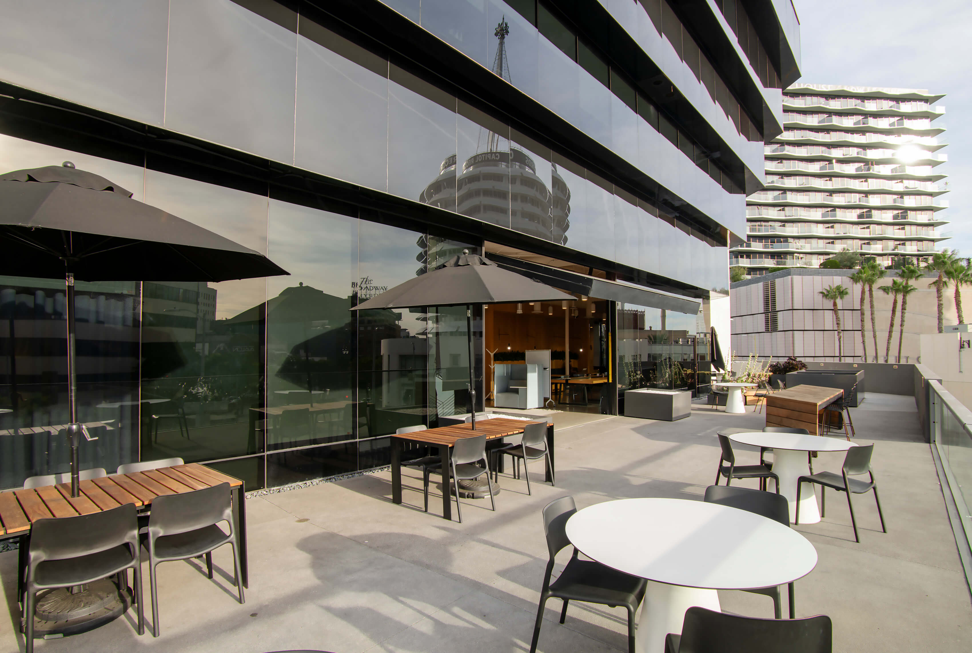 Wide view of the Yucca St. Patio terrace at 1800 Vine St