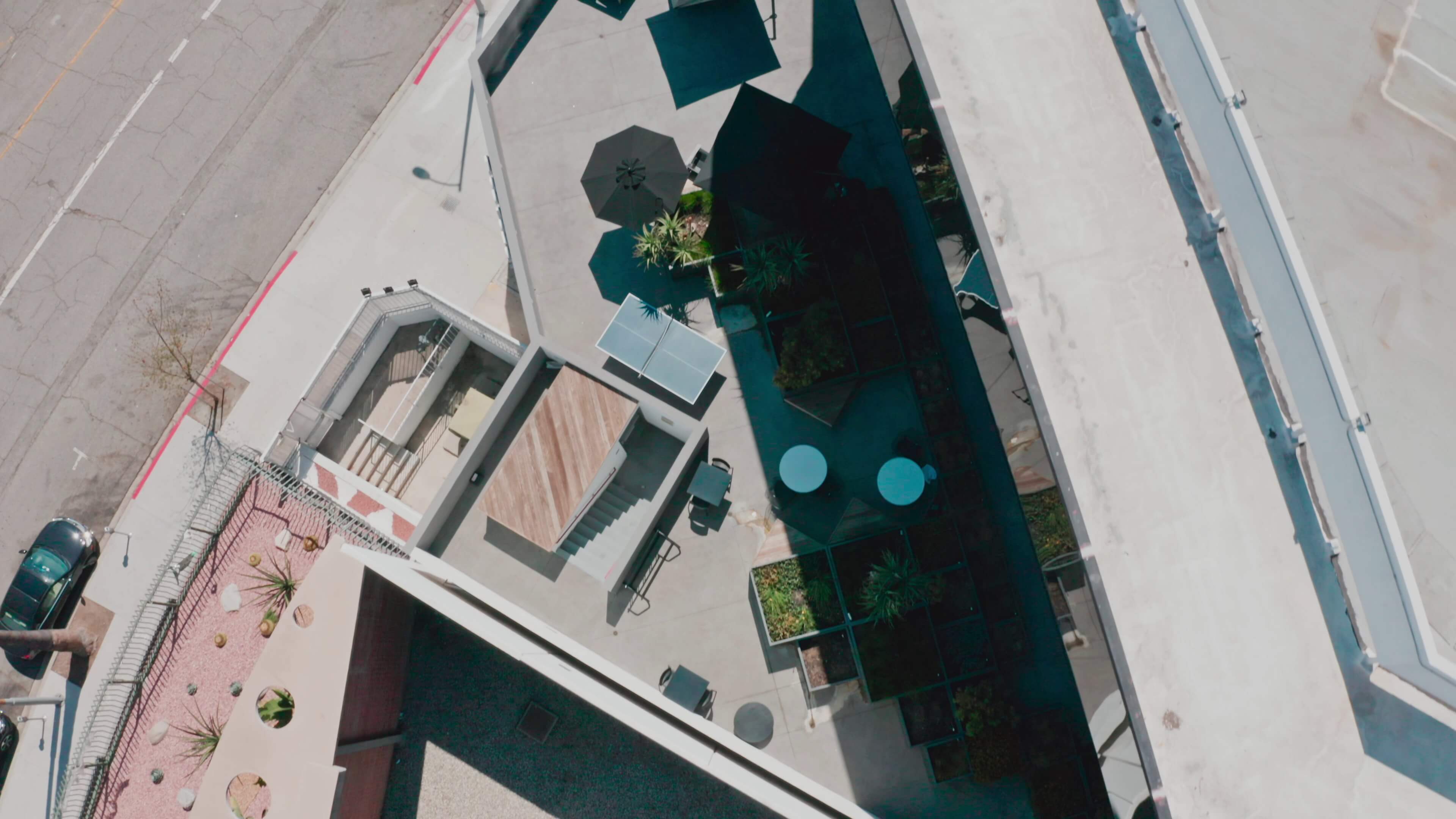 Top-down view of the Yucca St. Patio terrace at 1800 Vine St